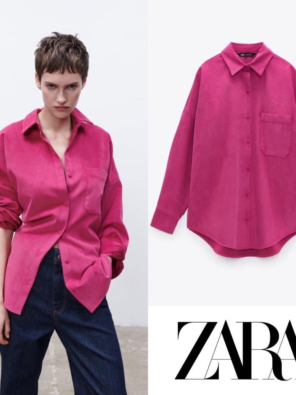 ZARA Bright Fuchsia Pink Long Sleeve Poplin Blouse XS Oversized - Picture 7 of 11